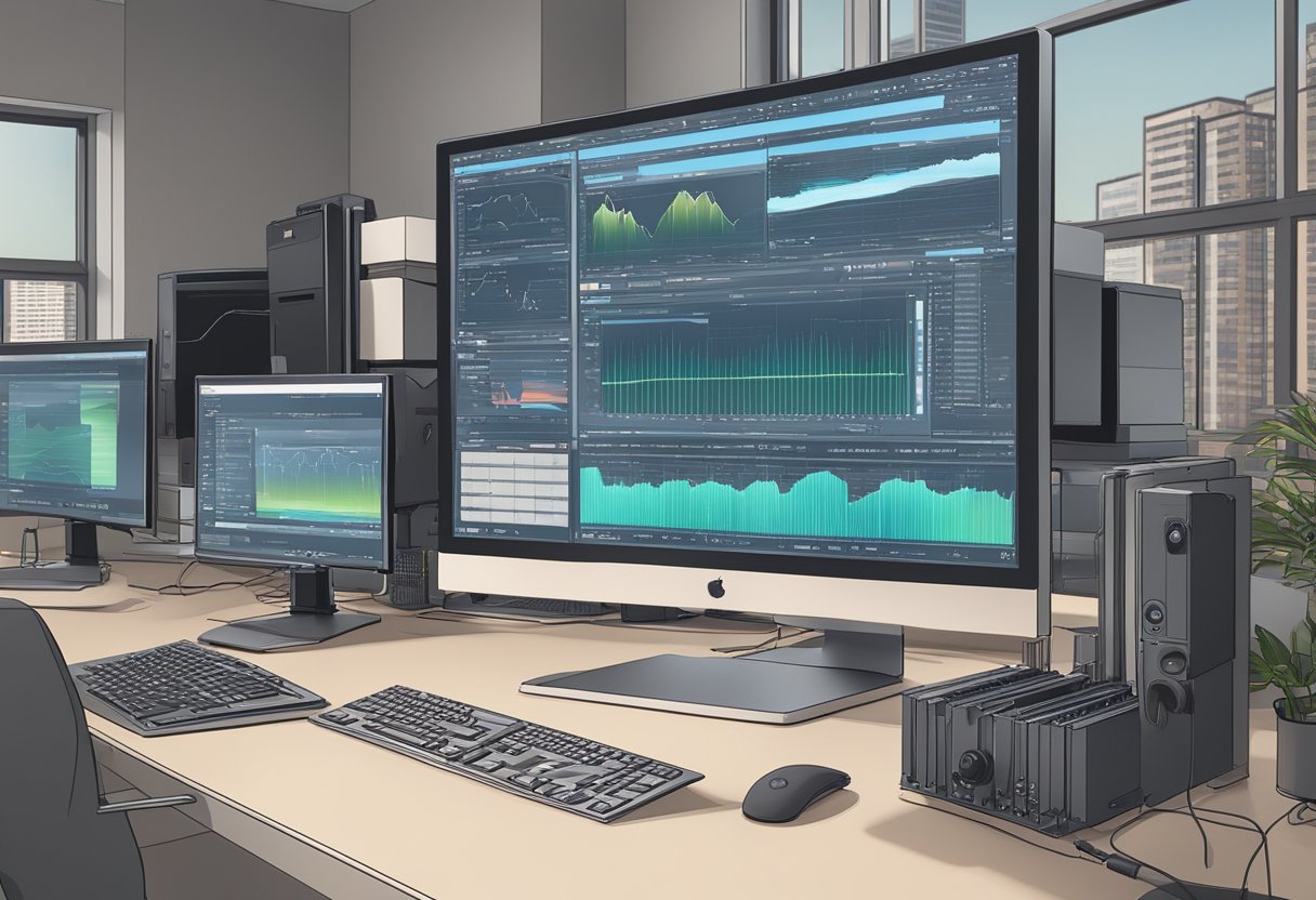 A computer screen displaying a complex digital animation software interface, surrounded by technical equipment in a modern office in Chicago