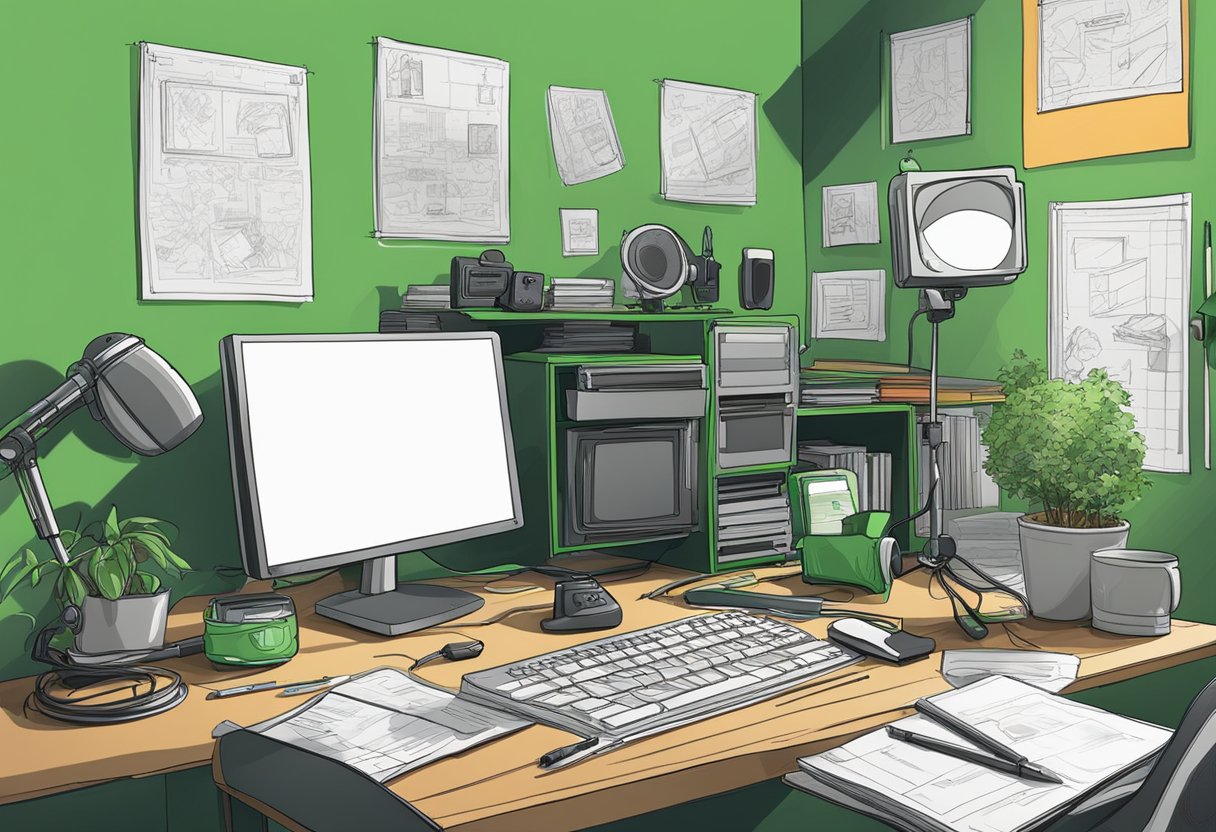 A cluttered desk with a computer, camera, microphone, and storyboard sketches. Lighting equipment and a green screen in the background