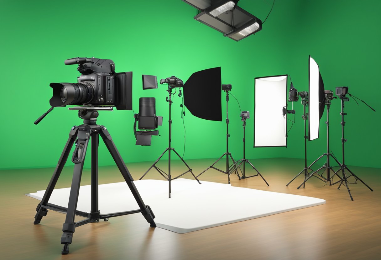 A professional camera on a tripod facing a green screen backdrop with studio lighting and sound equipment in a video production studio in Montreal