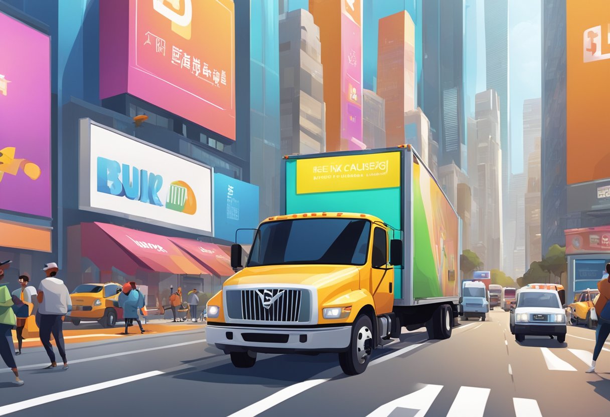 A bustling city street with skyscrapers and digital billboards showcasing animated characters. Delivery trucks and marketing materials fill the scene
