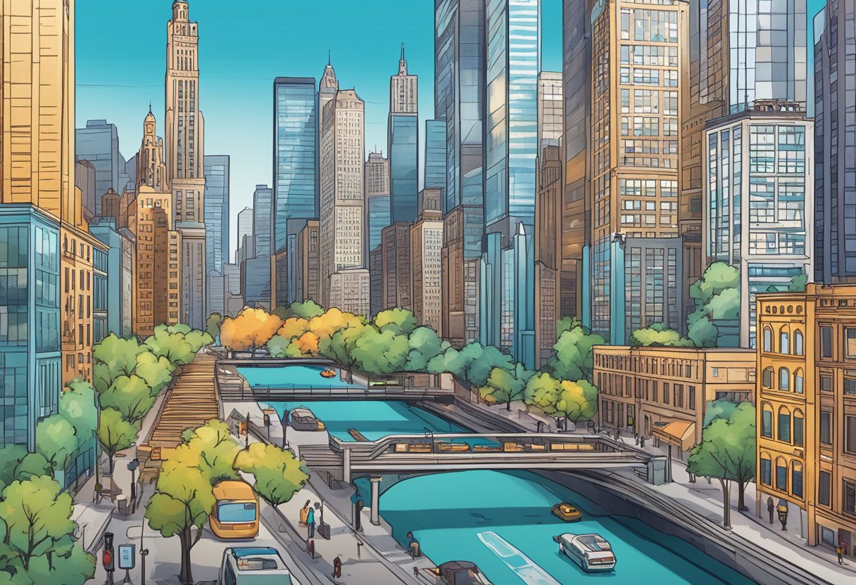 A bustling cityscape with iconic Chicago landmarks, surrounded by screens displaying vibrant digital animations