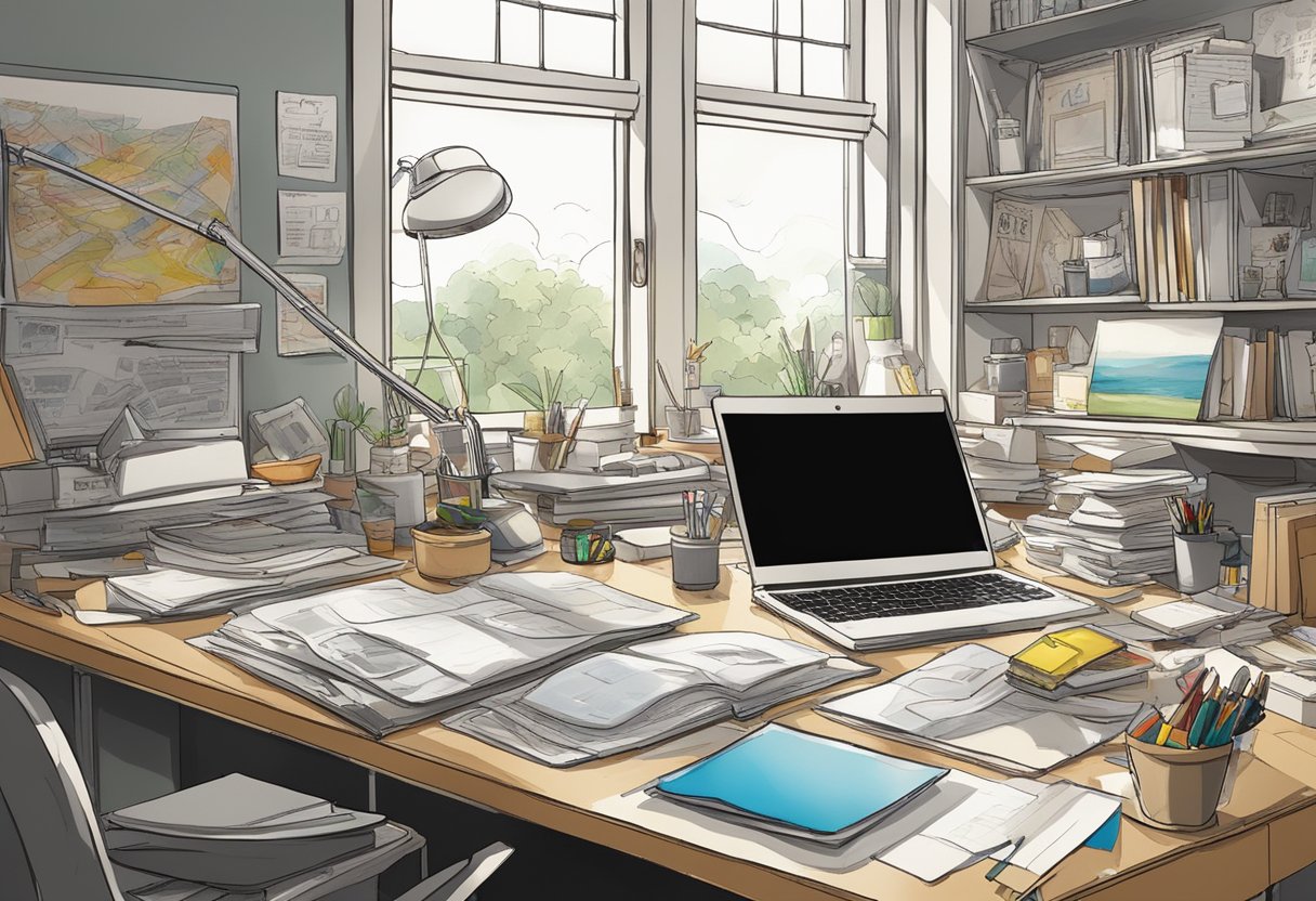 A cluttered desk with art supplies, a computer, and a storyboard. A window lets in natural light, illuminating the creative chaos
