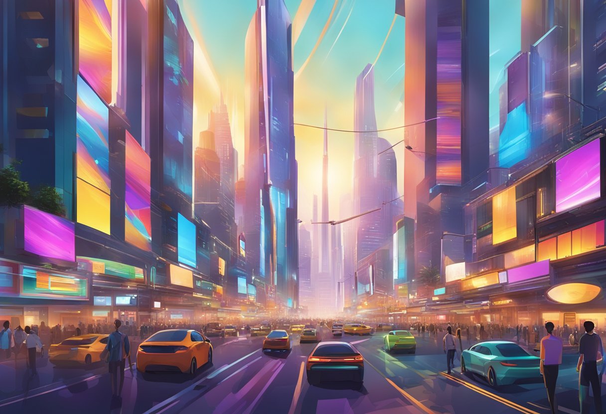 A bustling cityscape with futuristic skyscrapers and colorful digital billboards, surrounded by a vibrant and energetic atmosphere