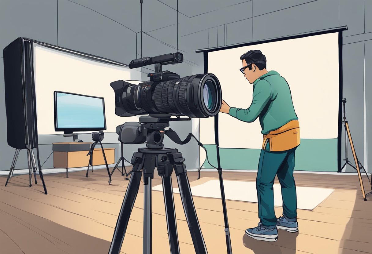 A camera on a tripod captures a videographer adjusting lighting and framing a shot in a studio setting