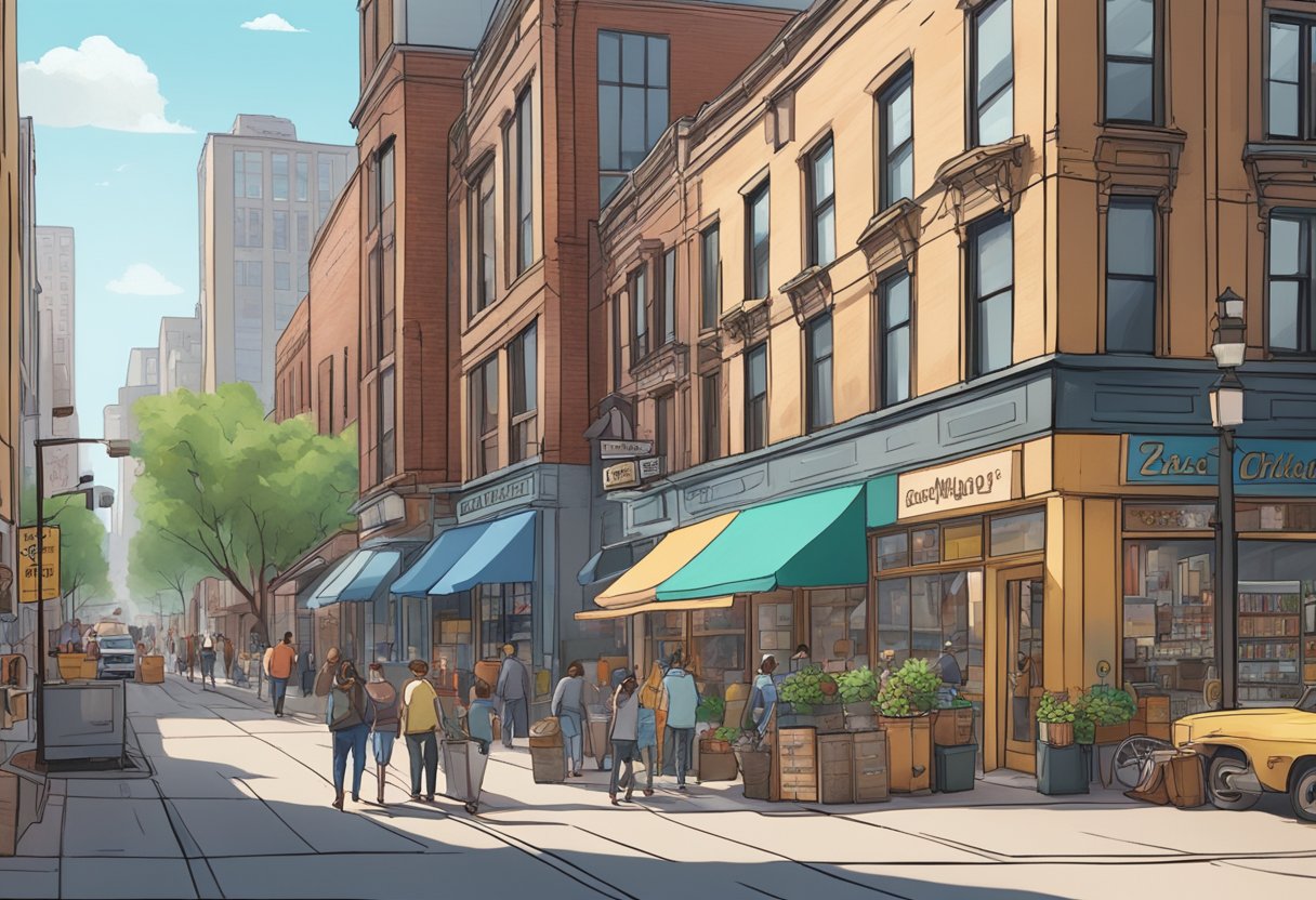 A bustling Chicago street with traditional art shops next to modern digital animation studios