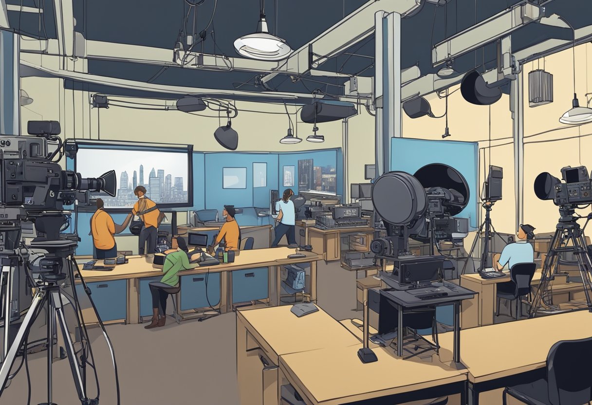 A bustling film studio in Montreal, with production equipment and crew members working on educational video content for the film business and career opportunities