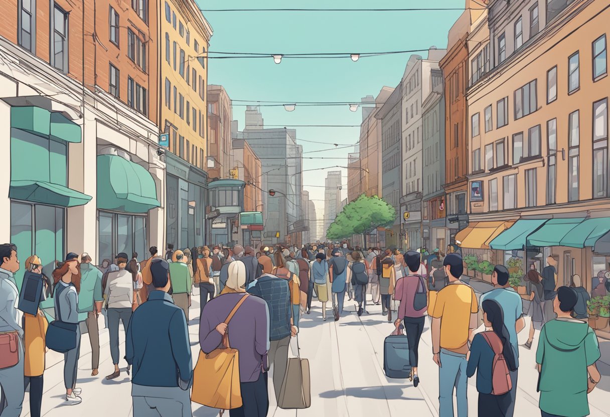 A bustling city street with multiple digital animation studios, each with a line of clients waiting to ask questions