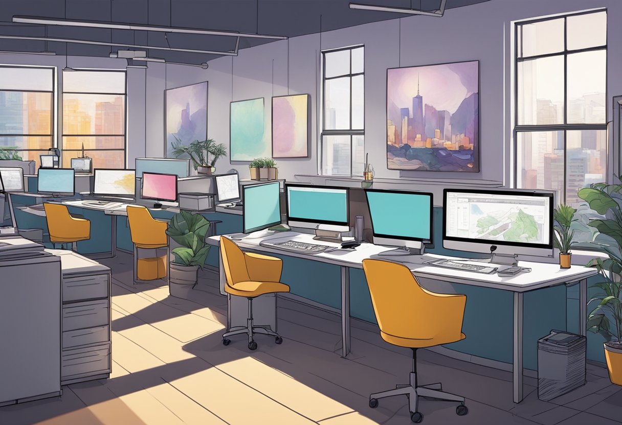 A bustling animation studio in Toronto, filled with vibrant colors and creative energy. Computers and drawing tablets line the desks, while artists collaborate on storyboards and character designs