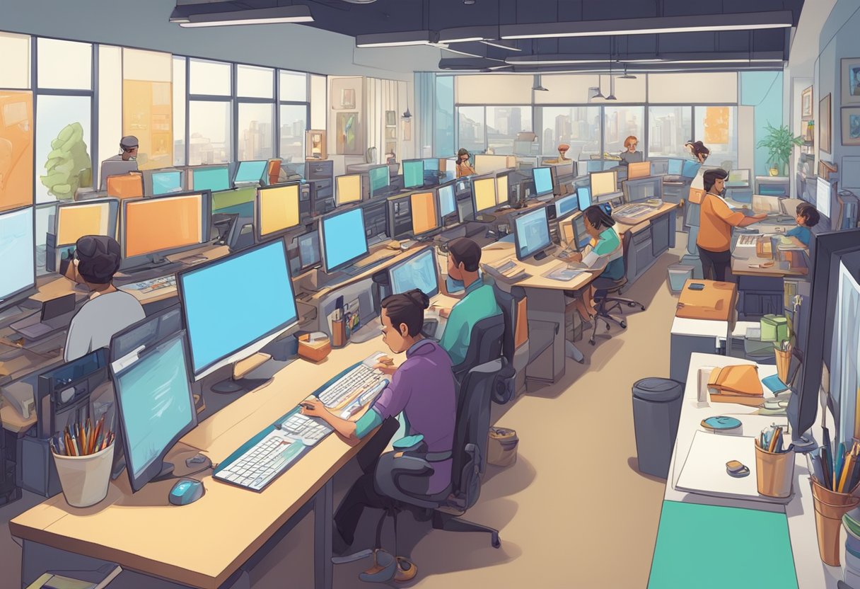 A bustling animation studio in Toronto, with artists at work and colorful characters coming to life on the drawing boards