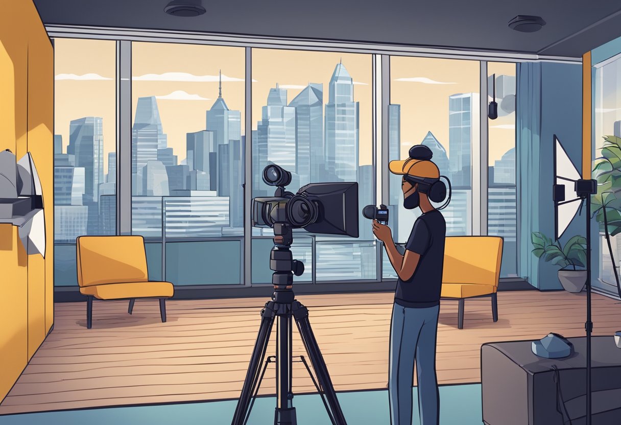 A person filming a FAQ video with a camera and microphone in a studio setting with educational props and a Montreal cityscape backdrop