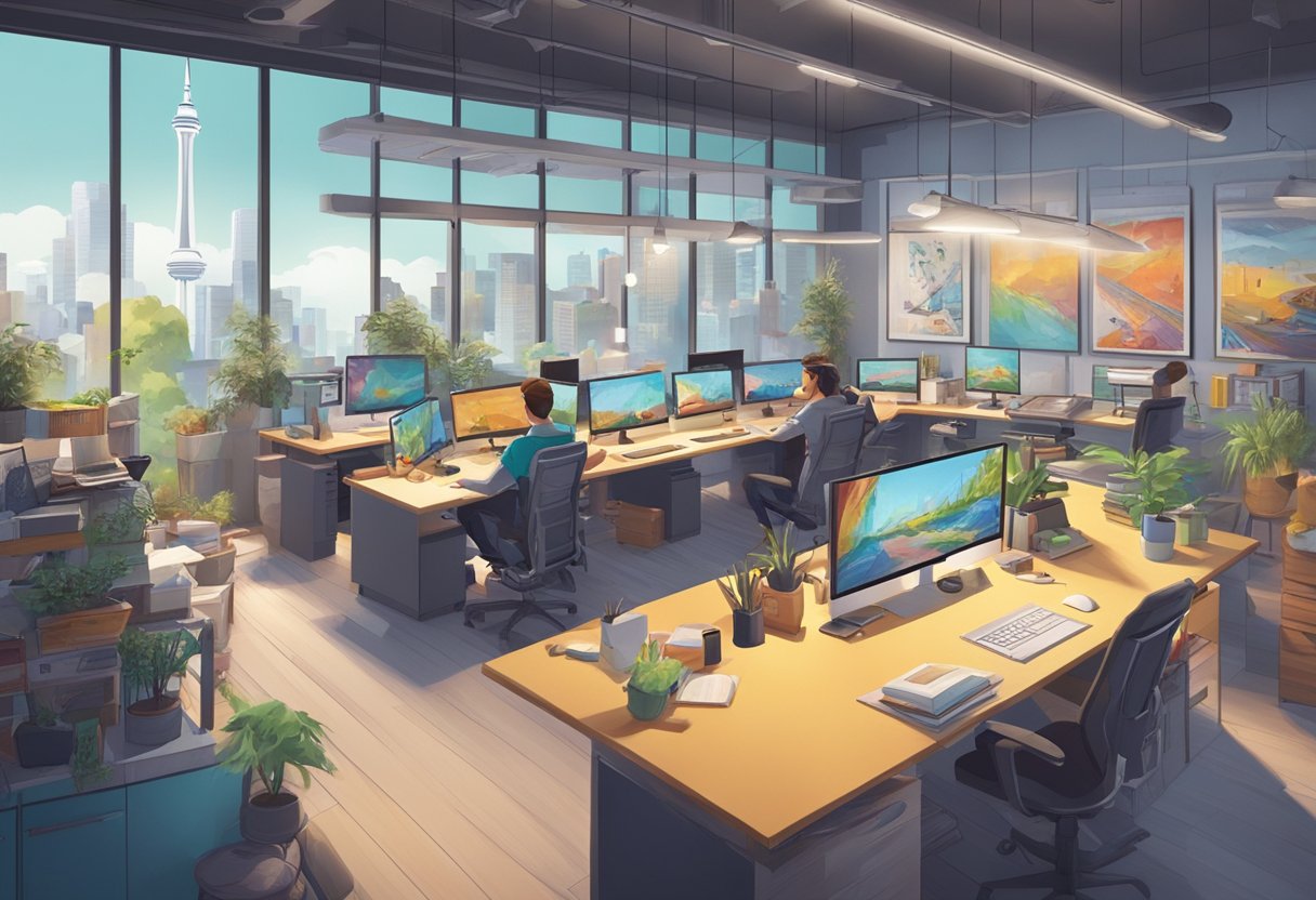 A bustling animation studio in Toronto, filled with creative workspaces and colorful concept art pinned to the walls
