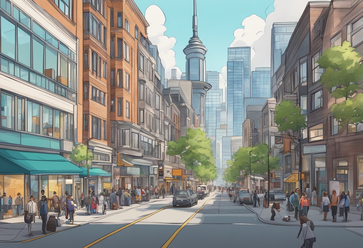 A bustling street in Toronto lined with modern animation studios and filled with creative professionals collaborating and brainstorming