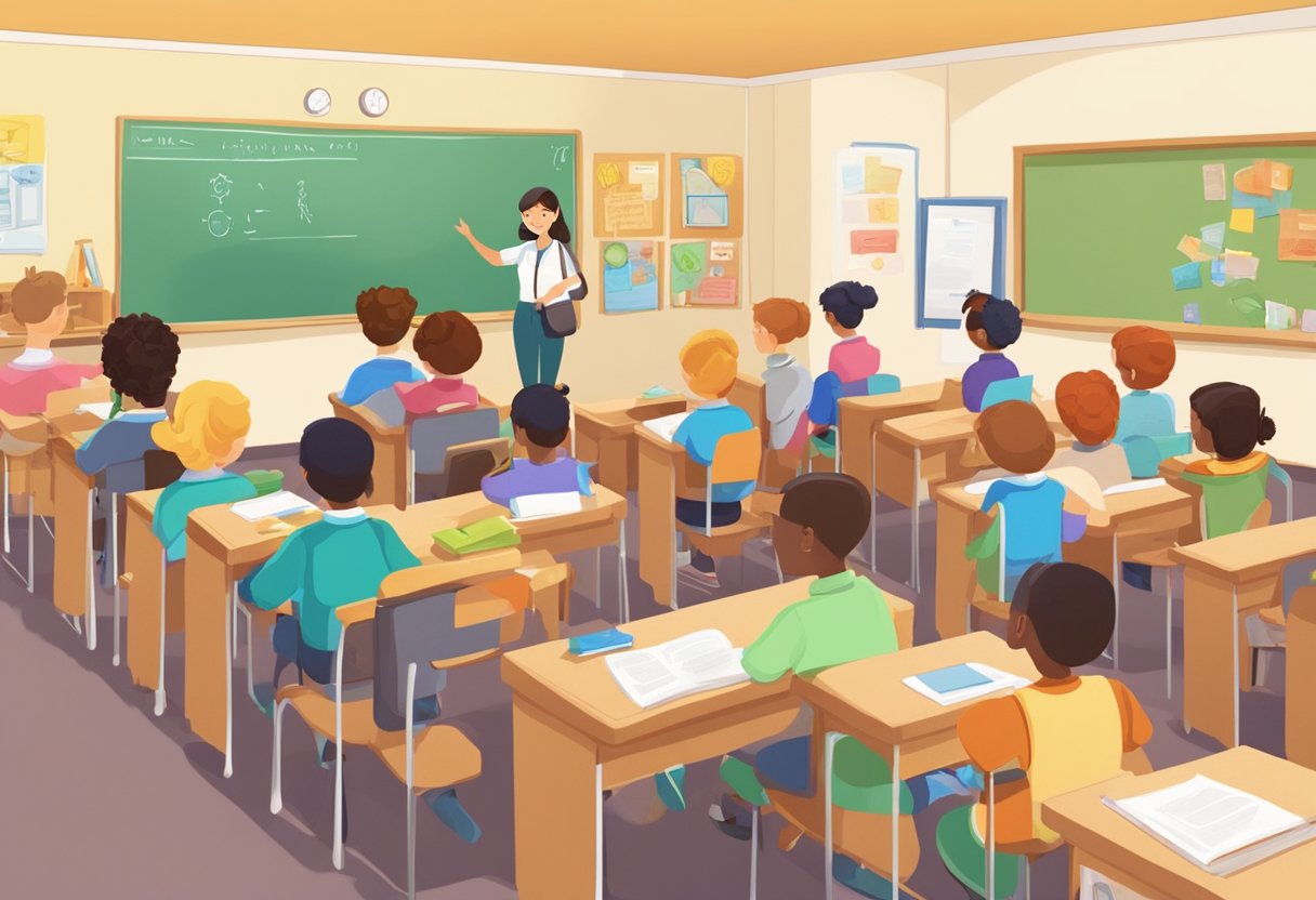 A classroom setting with animated characters teaching students various subjects