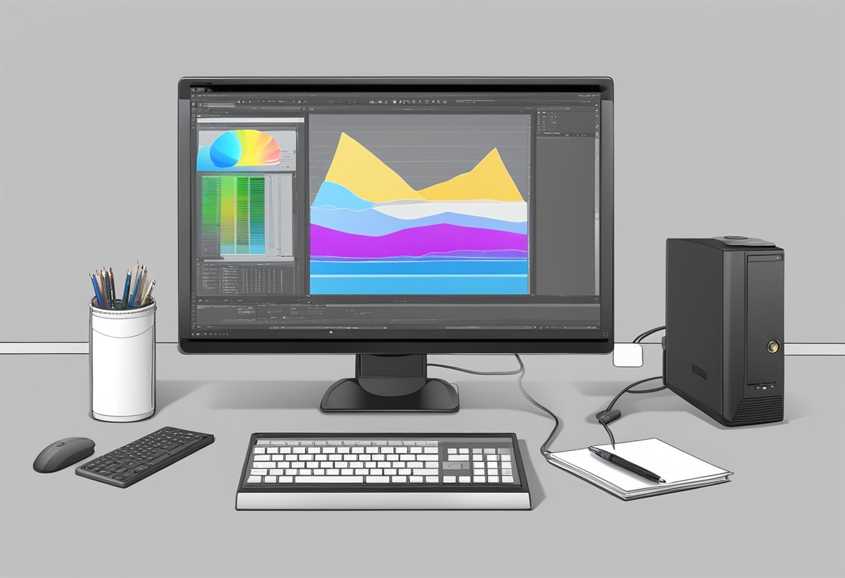 A computer workstation with animation software, drawing tablet, and reference materials