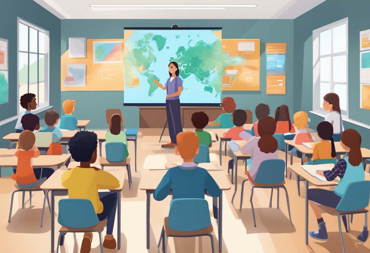 A classroom setting with animated educational content projected on a screen, while students engage with interactive devices and materials