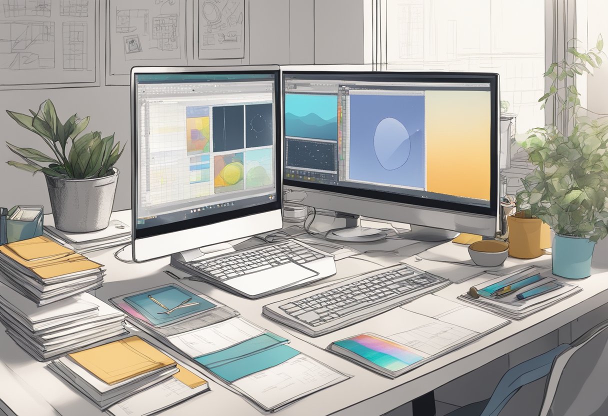 A computer with animation software open, surrounded by sketches and reference materials, in a well-lit studio space