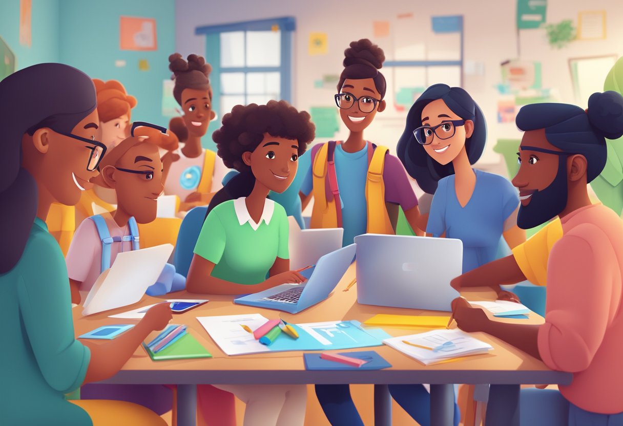 A diverse group of animated characters engage in collaborative learning, surrounded by colorful educational materials and interactive technology