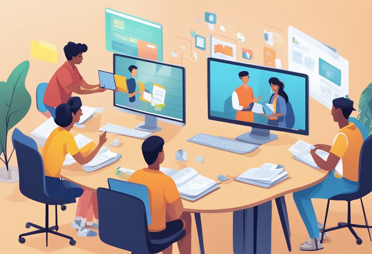 A group of animated characters engage in a lively discussion, surrounded by modern technology and educational materials