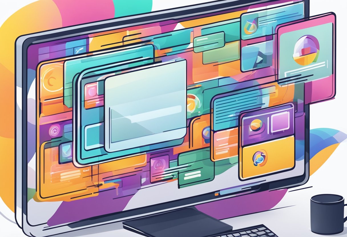 A computer screen displaying a custom animated logo with digital marketing elements swirling around it