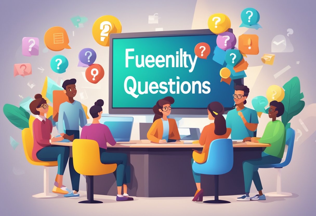 A group of colorful animated characters surround a large "Frequently Asked Questions" sign, with educational symbols and icons in the background