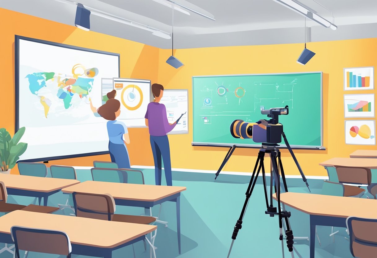 A colorful classroom setting with a whiteboard and educational posters, a camera on a tripod, and a person filming an educational explainer video
