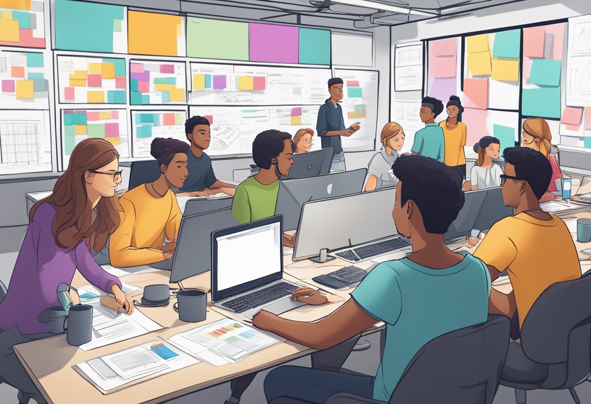 A group of animators in a modern studio in Vancouver, collaborating on interactive learning animations, surrounded by colorful storyboards and grant application paperwork