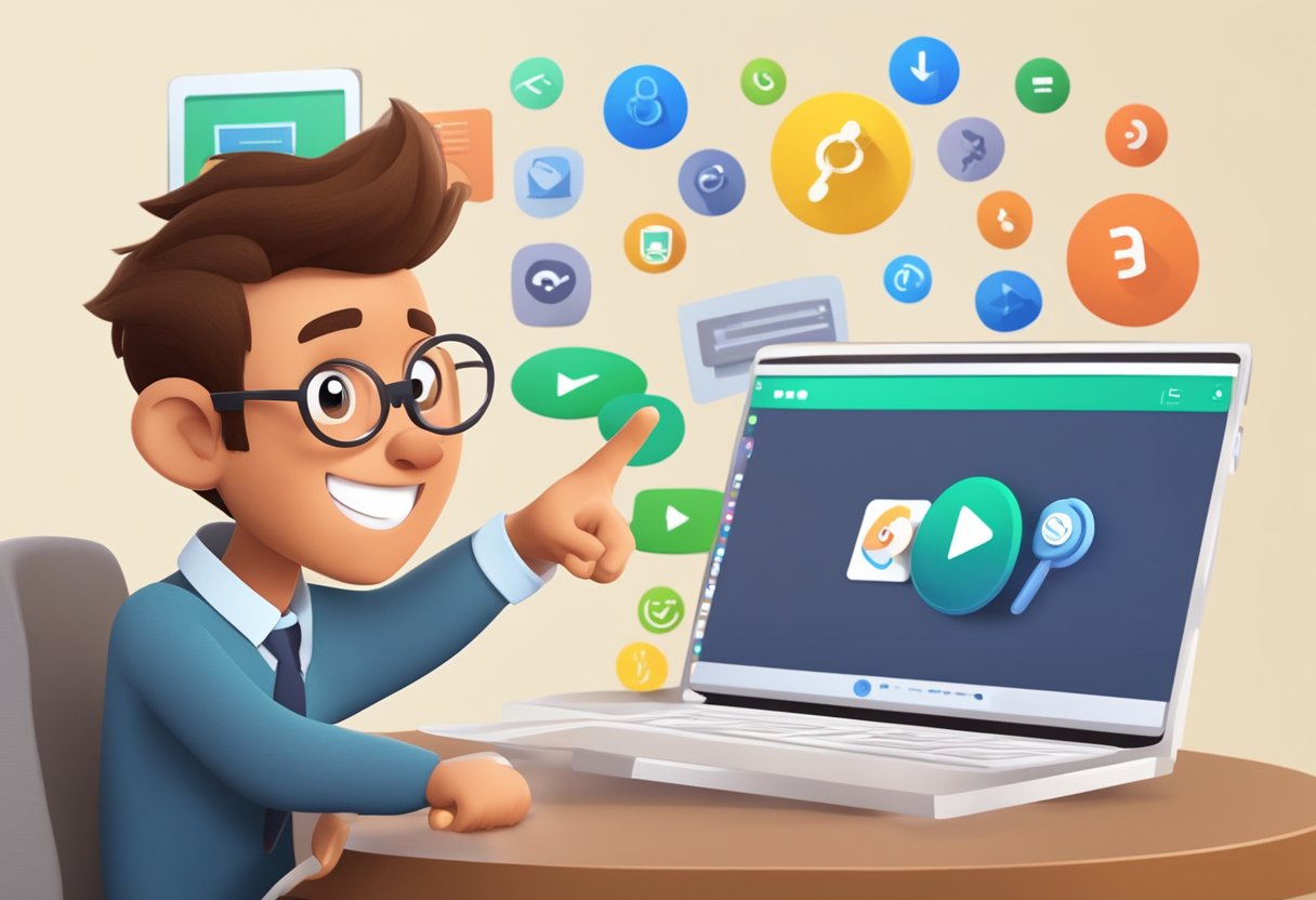 An animated character pointing to a "Call-to-Action" button in a video, with educational symbols in the background