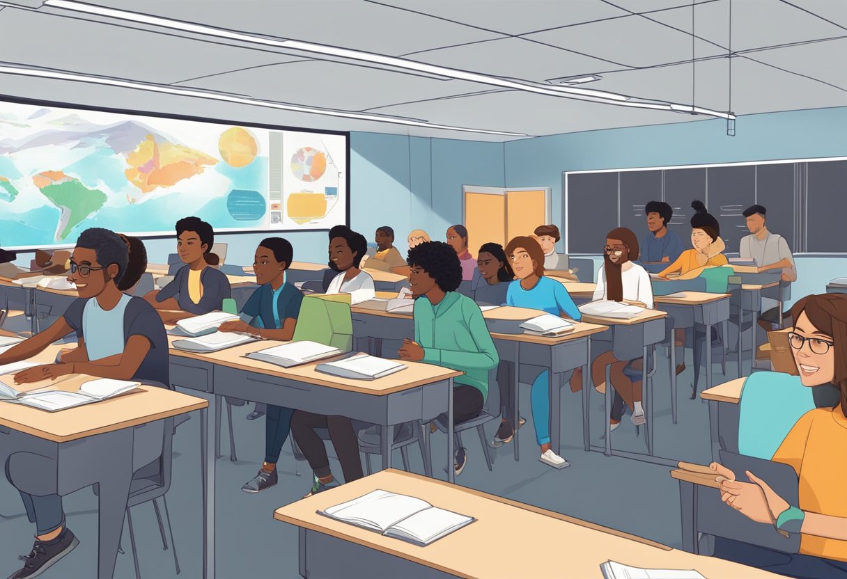 A classroom of diverse students engaging with interactive learning animations in Vancouver's futuristic animation and interactive media education program