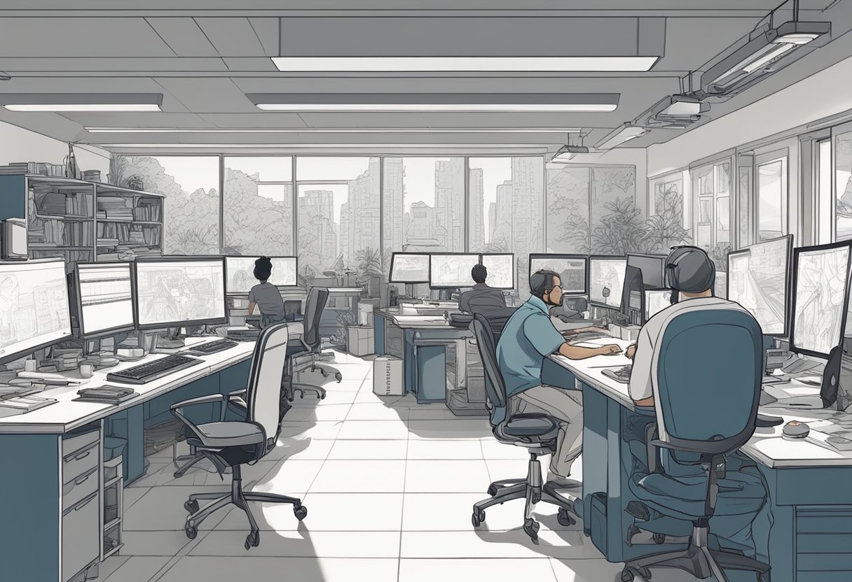 A bustling animation studio in British Columbia, with artists at work on vibrant and detailed illustrations. The office is filled with creative energy and the sound of pencils scratching against paper
