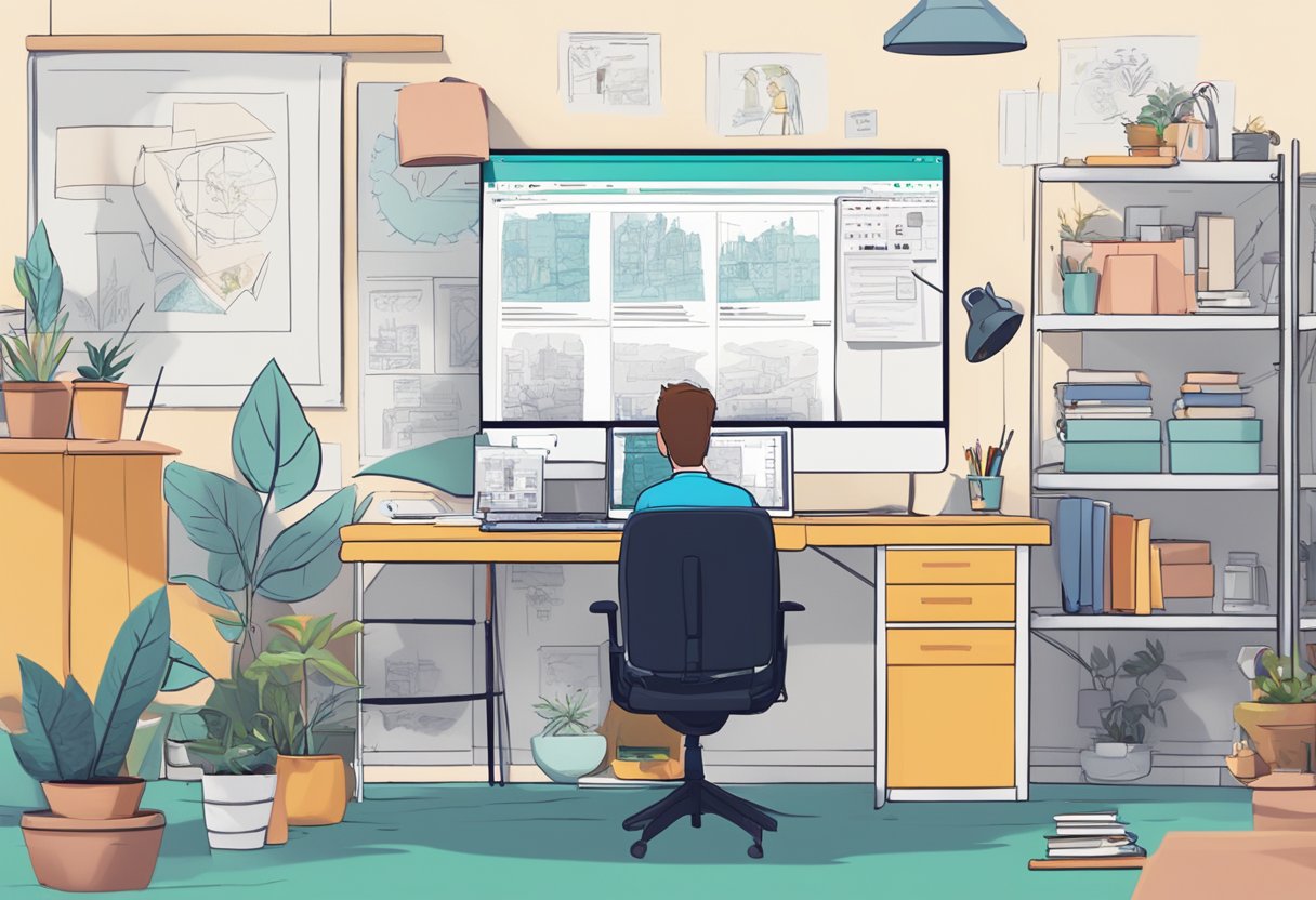 An animation studio in British Columbia with a FAQ section on a computer screen, surrounded by colorful character sketches and storyboards