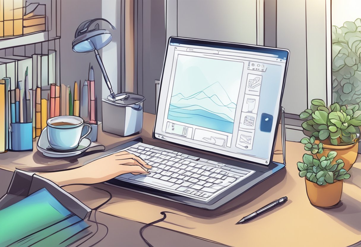 A computer with a stylus creating animated graphics on a digital tablet