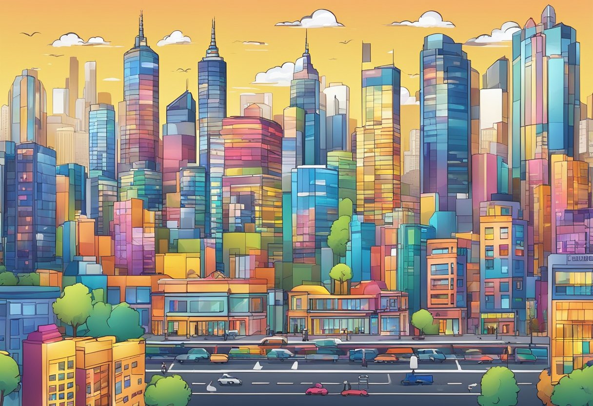 A colorful, dynamic cityscape with interactive elements, such as moving signs and animated buildings, set against a vibrant Melbourne skyline