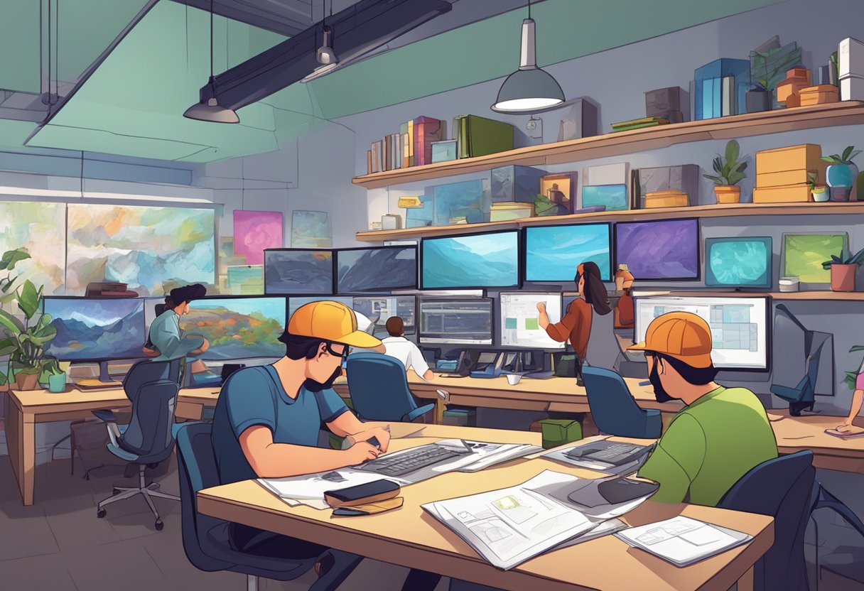 A bustling animation studio filled with computer workstations and drawing tablets, with artists collaborating on storyboards and animating colorful characters