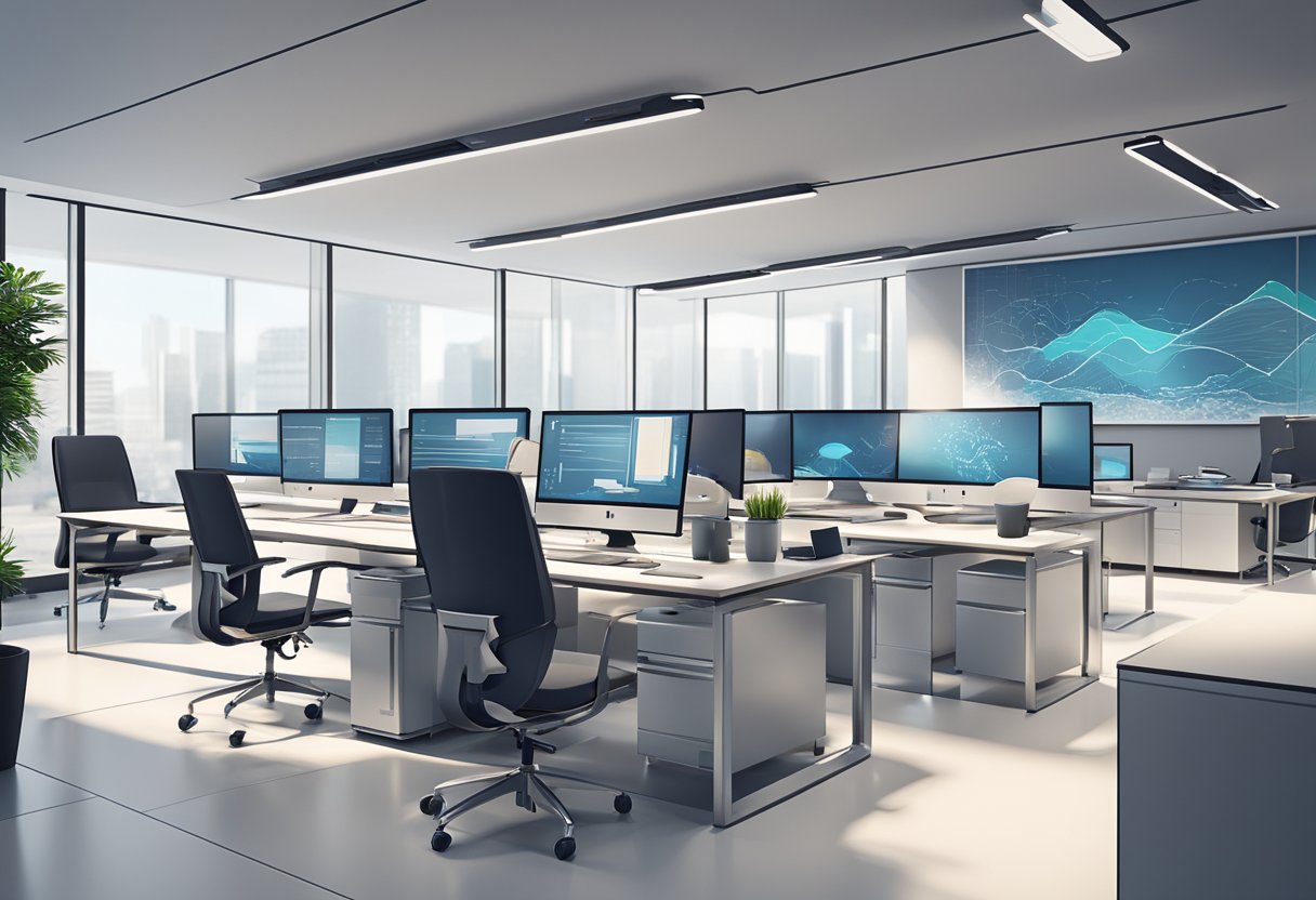 A sleek and modern office setting with computer screens displaying dynamic motion graphics and animated explainer videos