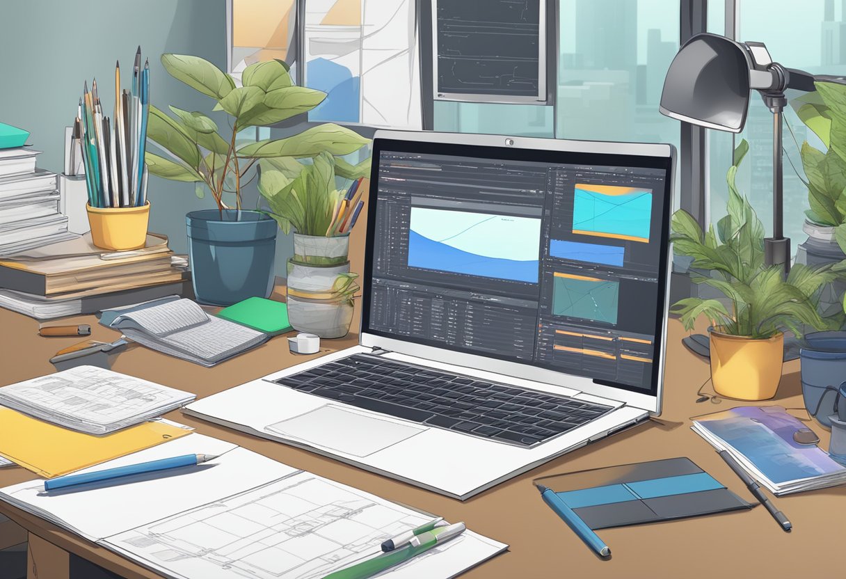 A computer screen displaying a complex animation timeline with various layers and keyframes, surrounded by drawing tablets, styluses, and reference materials