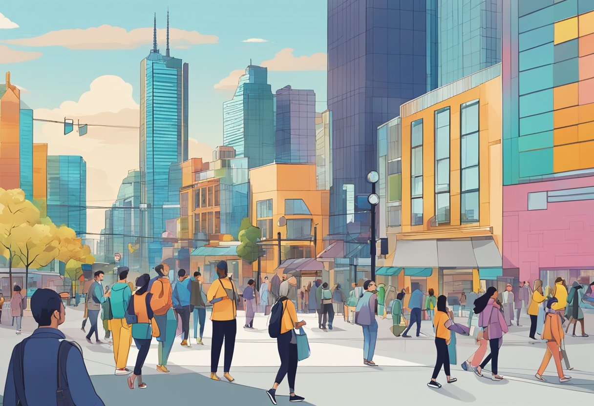 A bustling cityscape with diverse individuals engaging with interactive animations in Melbourne