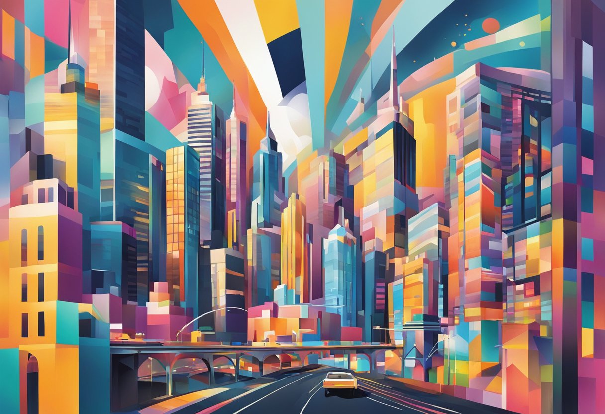 A colorful cityscape with dynamic, abstract shapes and patterns, showcasing the vibrant energy of Melbourne