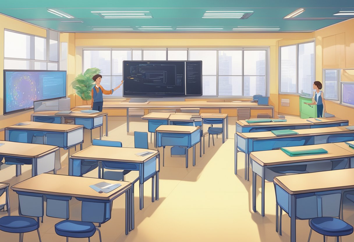 A futuristic classroom setting with animated educational content displayed on interactive screens