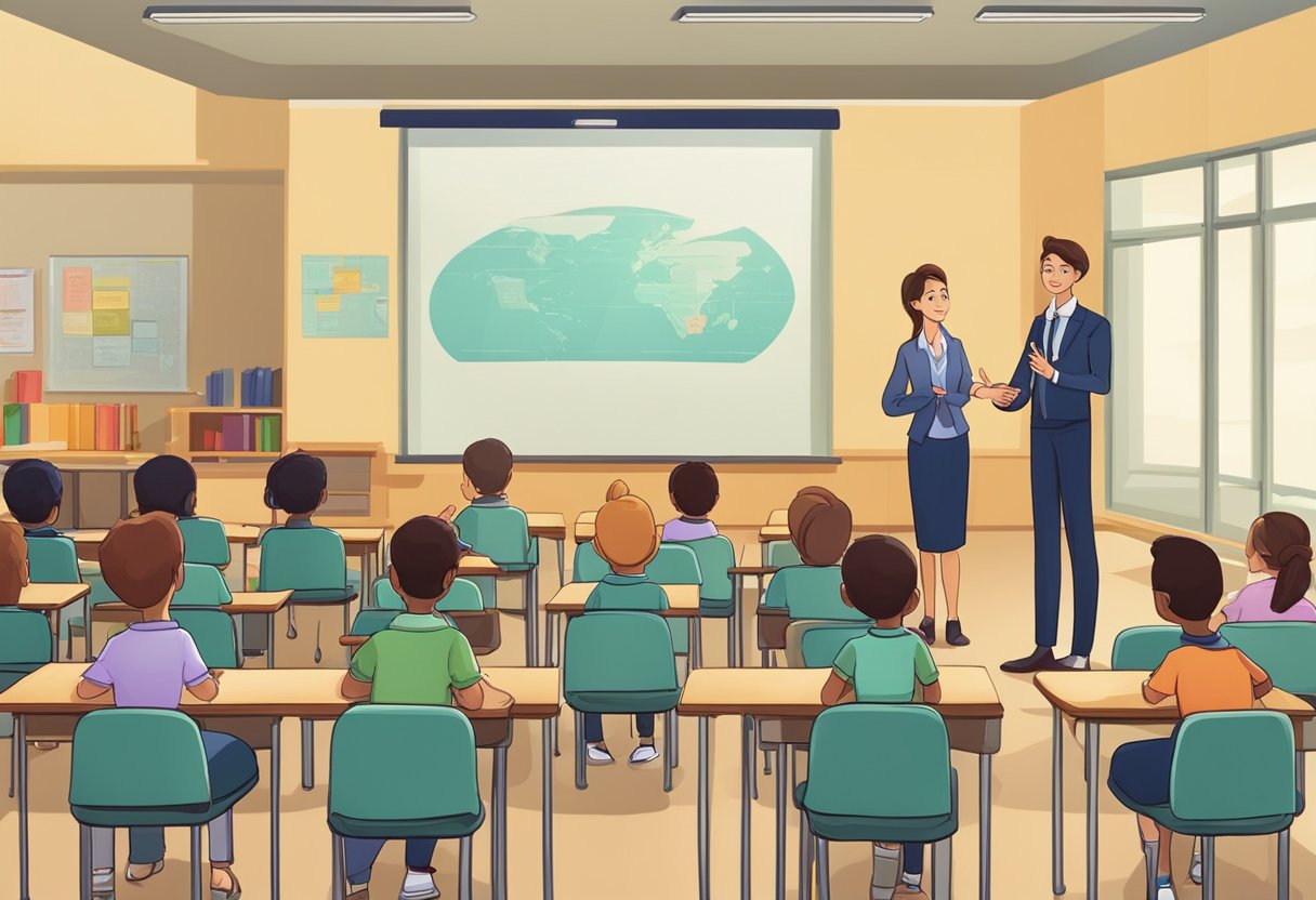 An animated classroom setting with a teacher discussing legal and ethical considerations in Australia