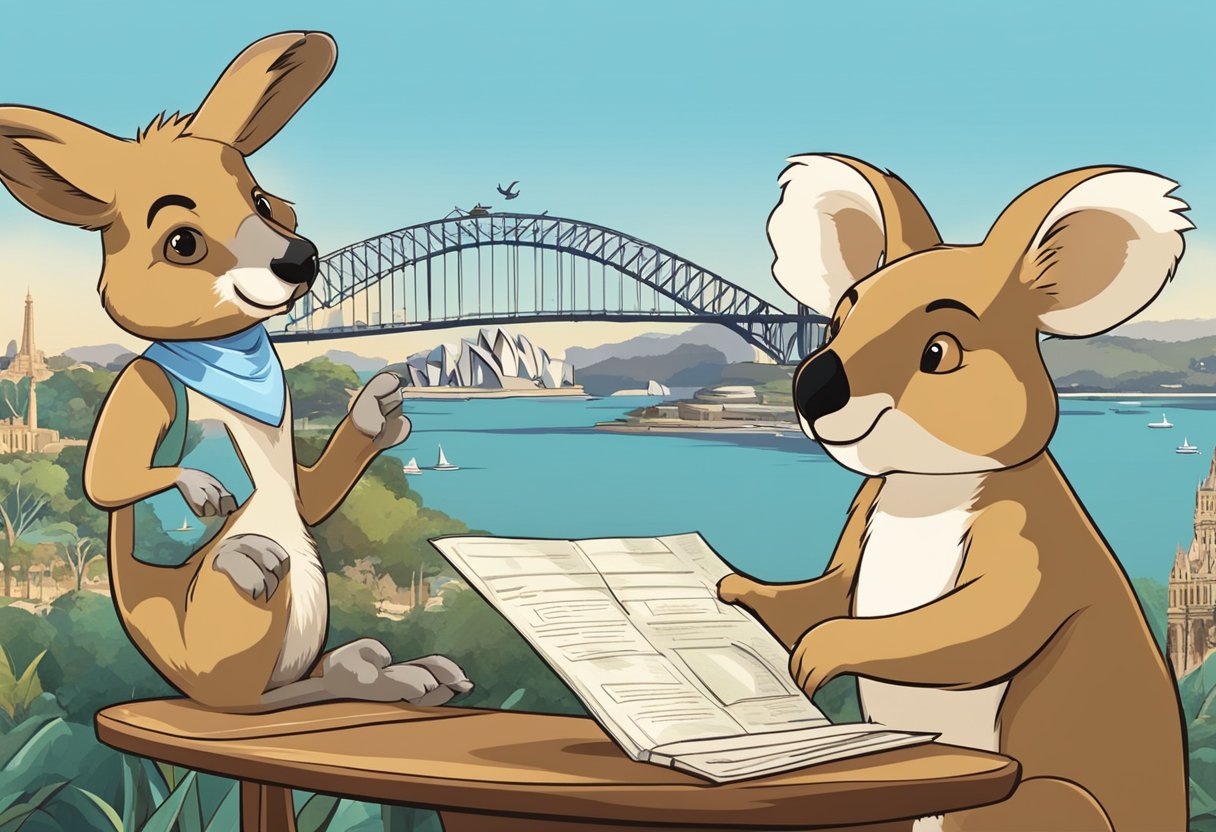An animated kangaroo and koala discussing educational FAQs against a backdrop of iconic Australian landmarks