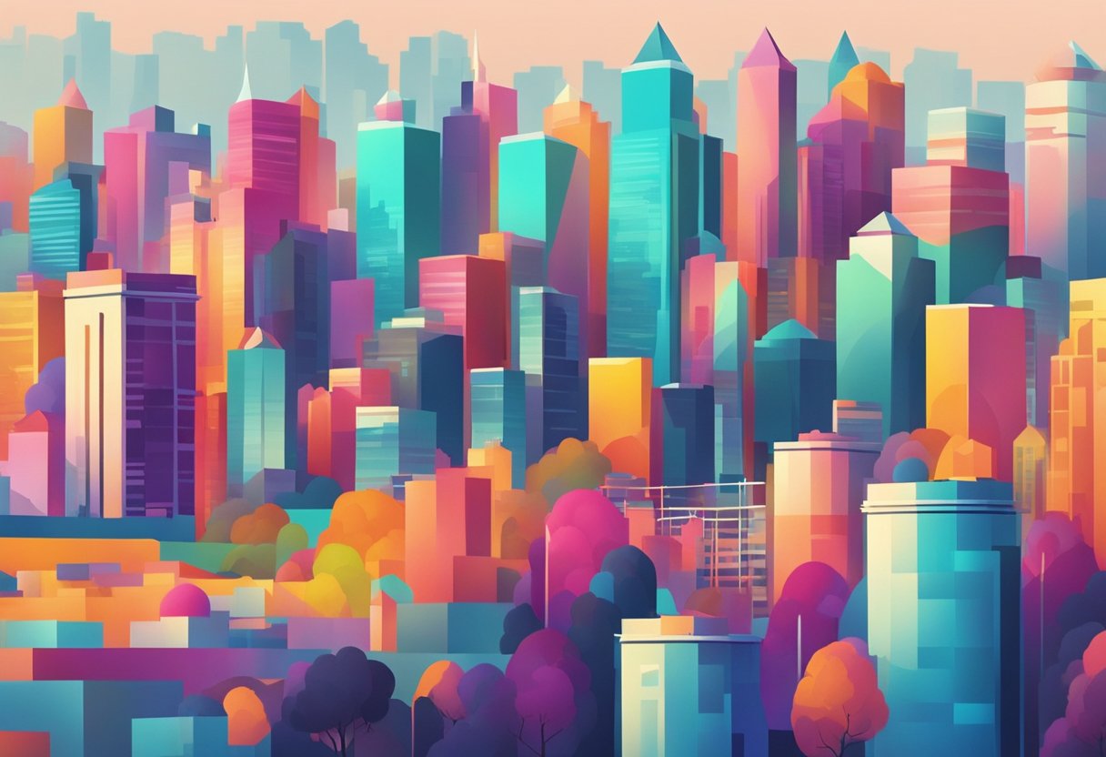 A vibrant city skyline with abstract shapes and colors, showcasing innovative graphic design techniques in custom animation