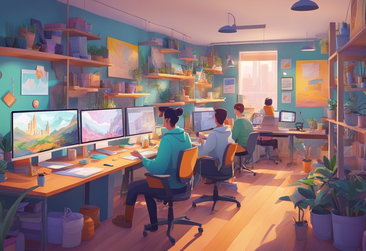 A colorful animation studio filled with drawing tablets, sketchbooks, and vibrant concept art pinned to the walls, with animators working at their desks