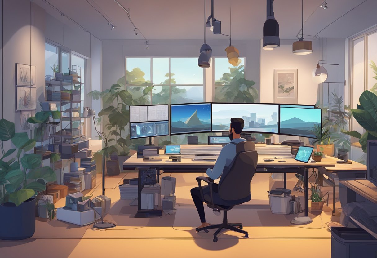 A sleek, modern animation studio with high-tech equipment and professional artists at work on custom projects