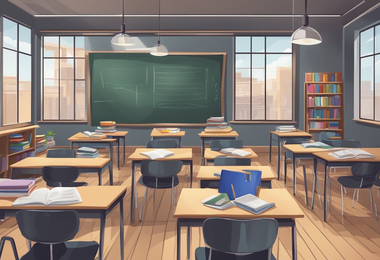 A classroom setting with modern, stylish outfits on a chalkboard and textbooks. Trendy fashion magazines scattered on the floor