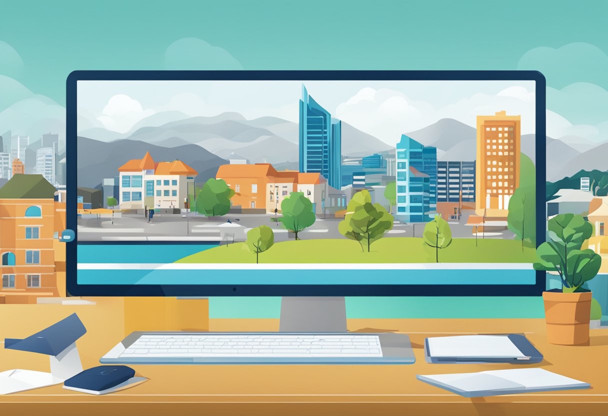 A computer screen displaying a series of animated FAQ icons, with the city of Dunedin in the background