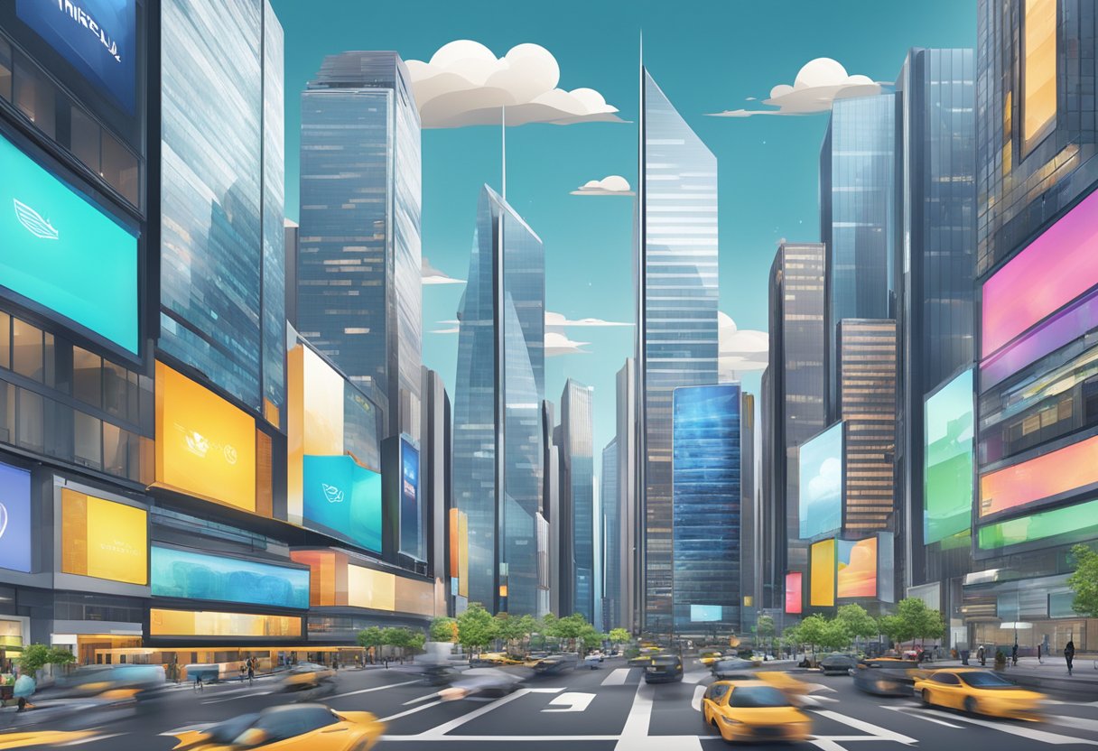 A bustling city skyline with corporate buildings and animated logos displayed on large screens