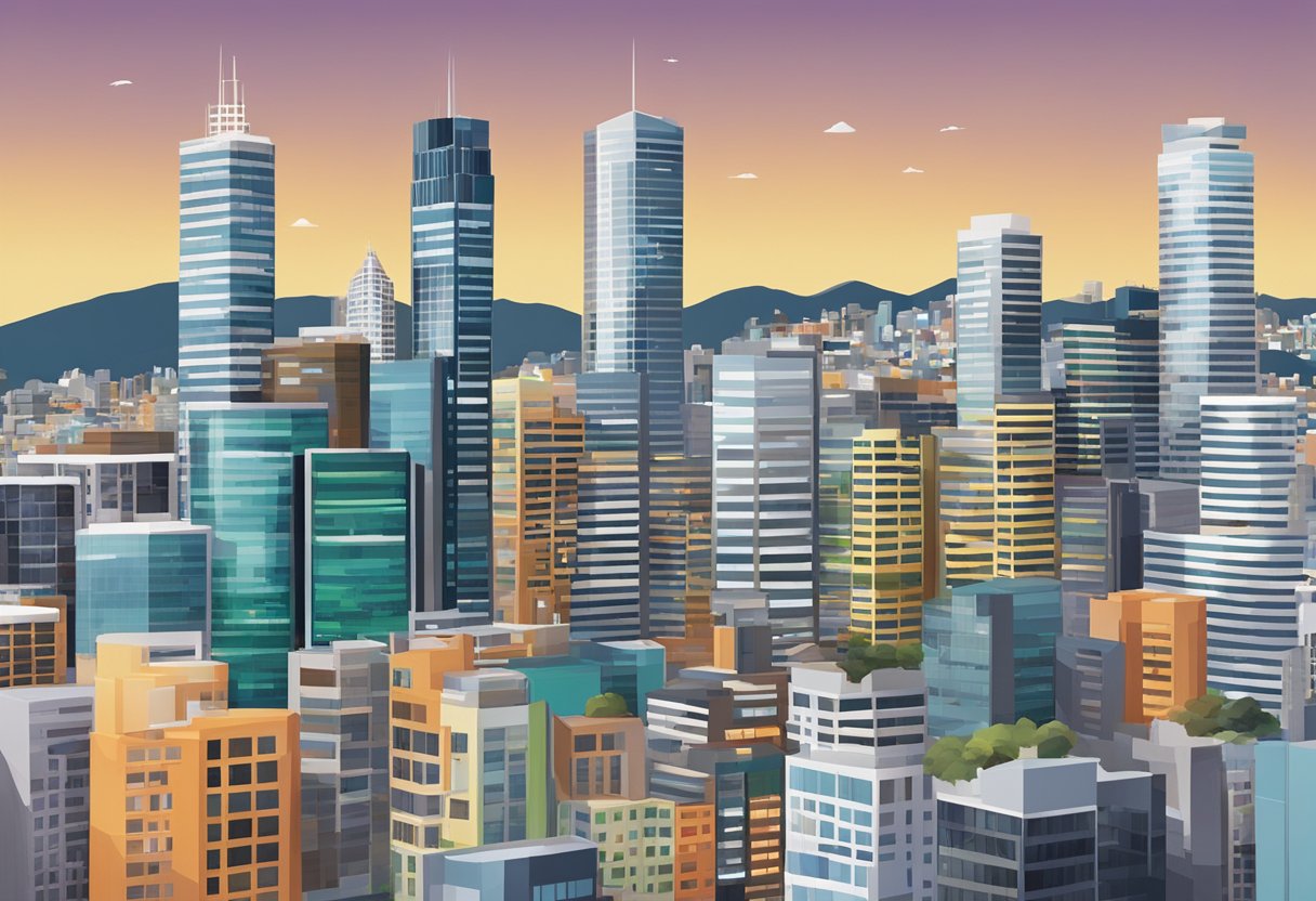 A bustling cityscape with skyscrapers and digital screens, showcasing the integration of technology and business in Wellington