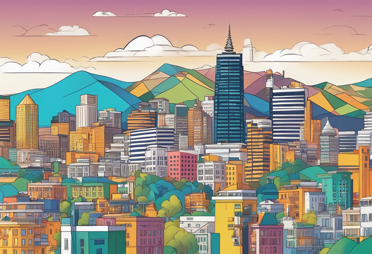 A bustling cityscape with iconic landmarks, animated logos, and vibrant colors representing the diverse and innovative corporate culture of Wellington