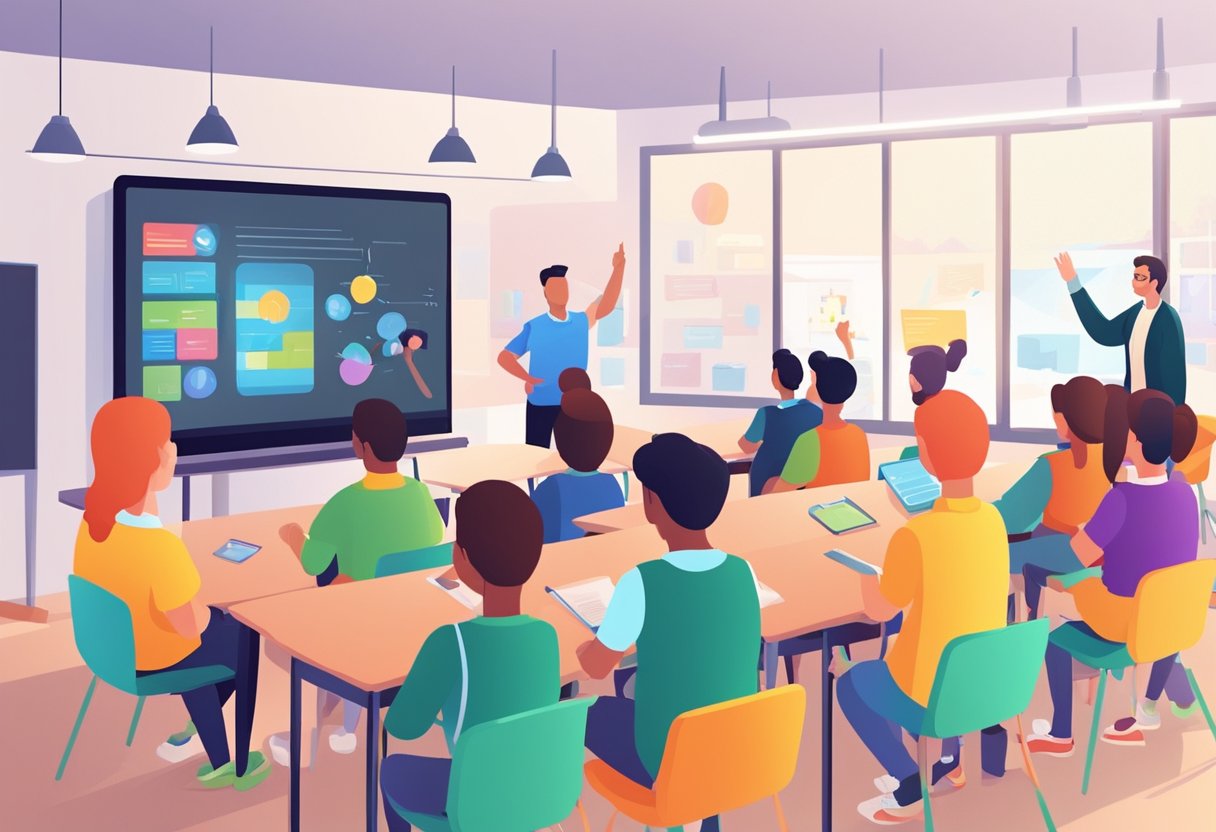 A colorful classroom setting with a large screen displaying an engaging educational explainer video. Bright, happy students are gathered around, eagerly absorbing the content