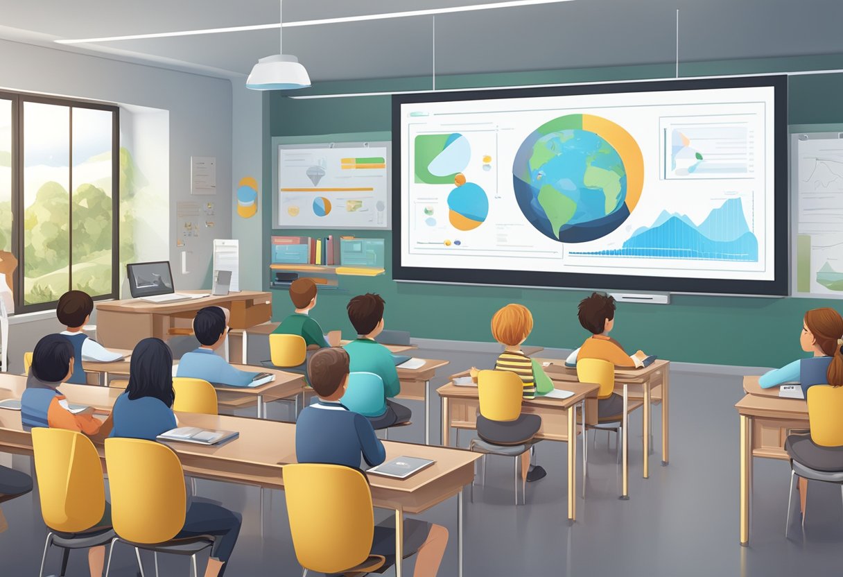 A modern classroom setting with a large screen displaying educational explainer videos on video technology in New Zealand